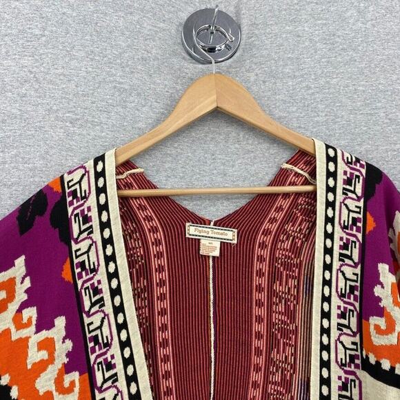 Flying Tomato Poncho Womens Medium/Large Aztec Beige Orange Fringe Boho Chic - Picture 4 of 10